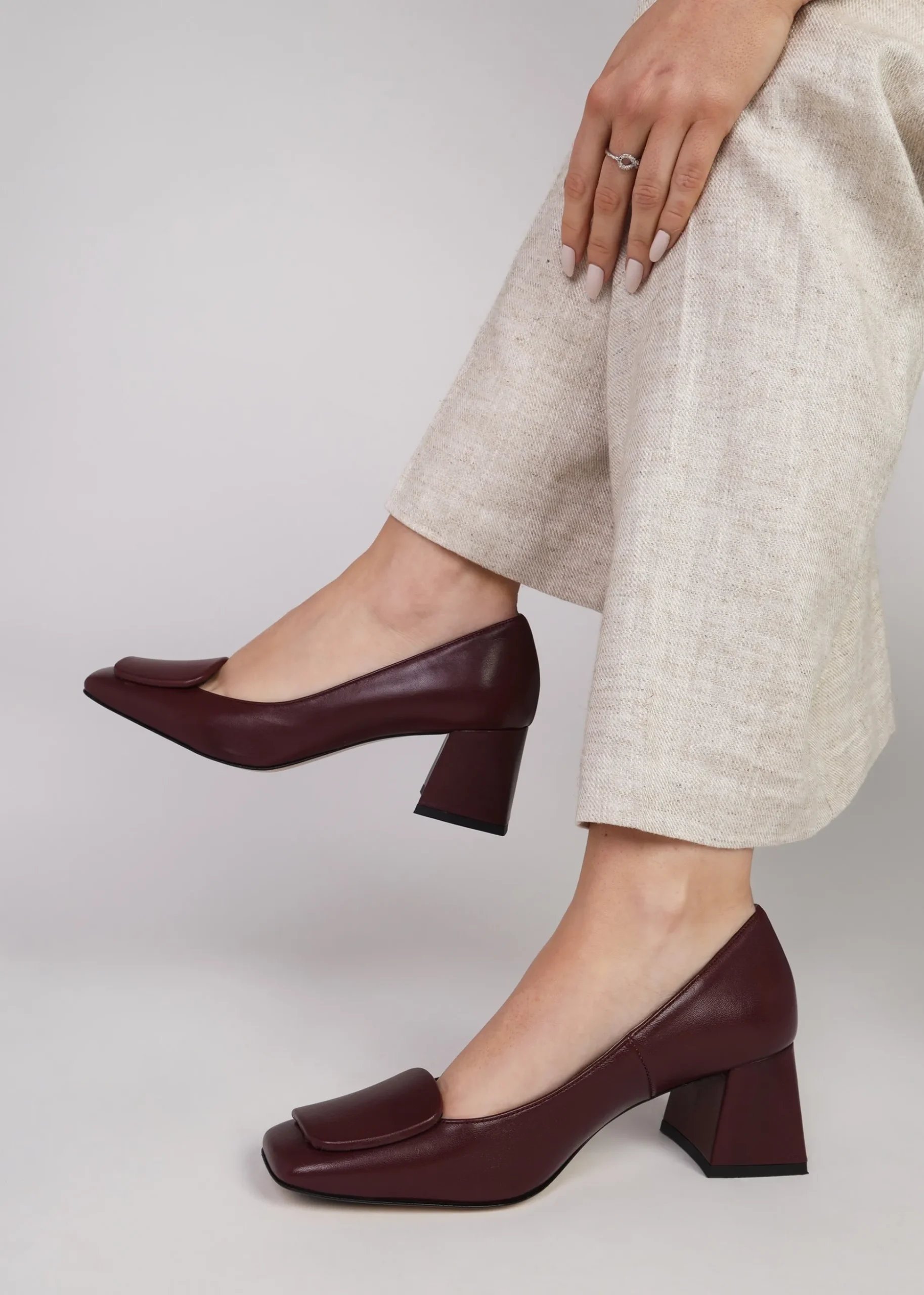 Nessie Burgundy Leather Block Heel Court Shoes