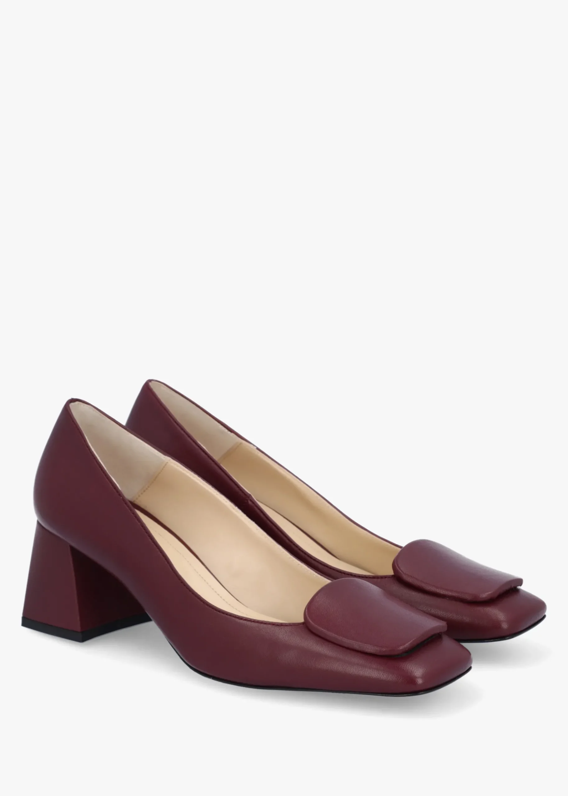 Nessie Burgundy Leather Block Heel Court Shoes
