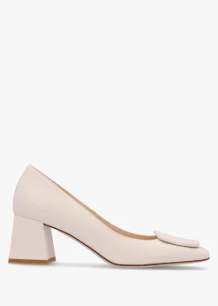 Nessie Cream Leather Block Heel Court Shoes