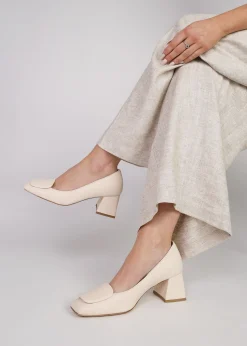 Nessie Cream Leather Block Heel Court Shoes