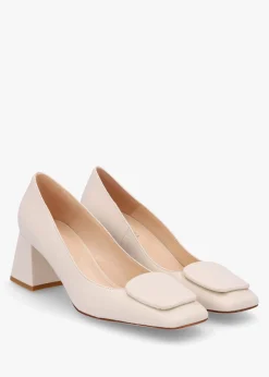 Nessie Cream Leather Block Heel Court Shoes