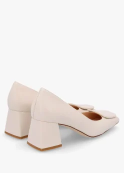 Nessie Cream Leather Block Heel Court Shoes