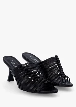 Notty Black Leather Knotted Strap Heeled Mules