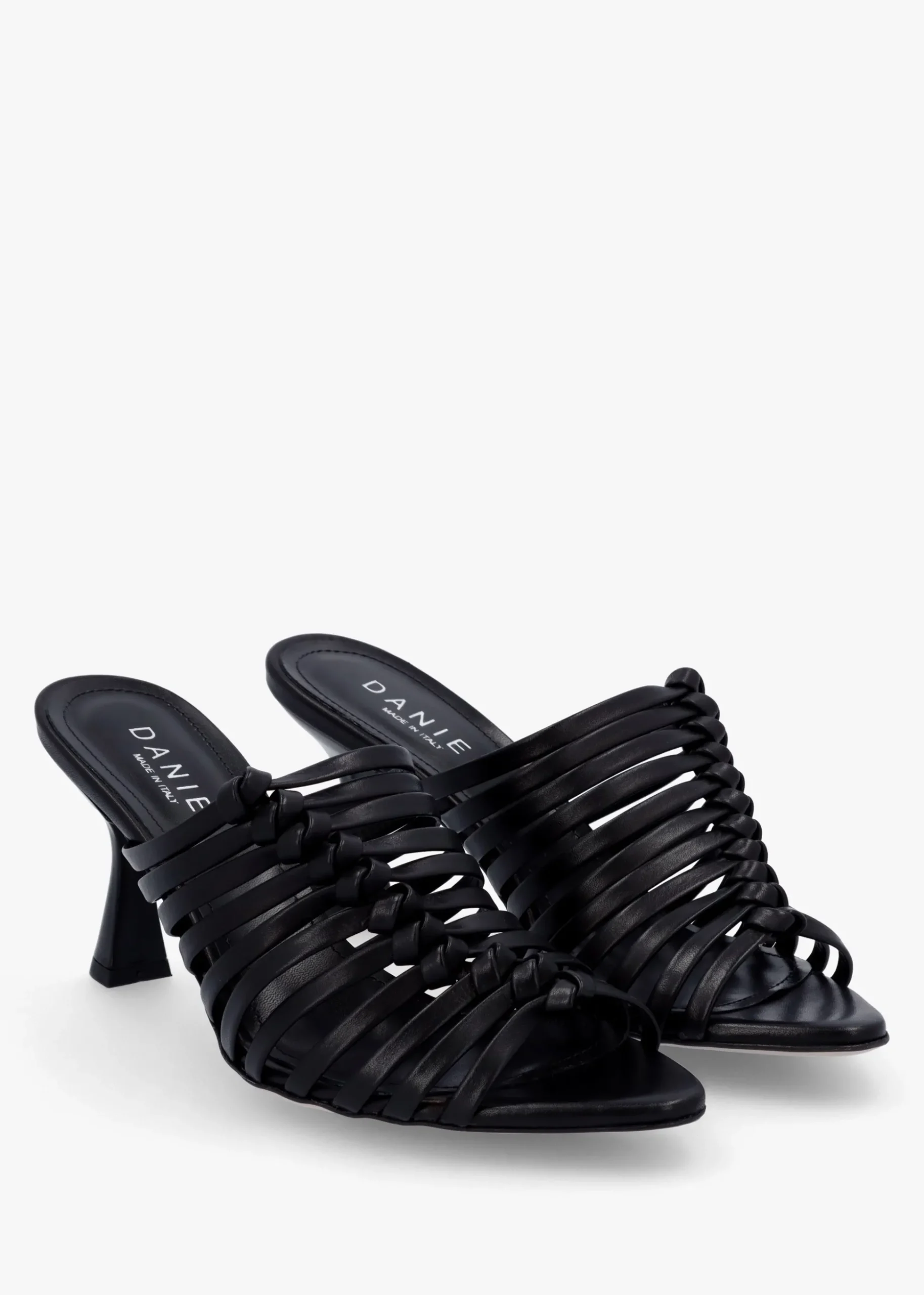 Notty Black Leather Knotted Strap Heeled Mules