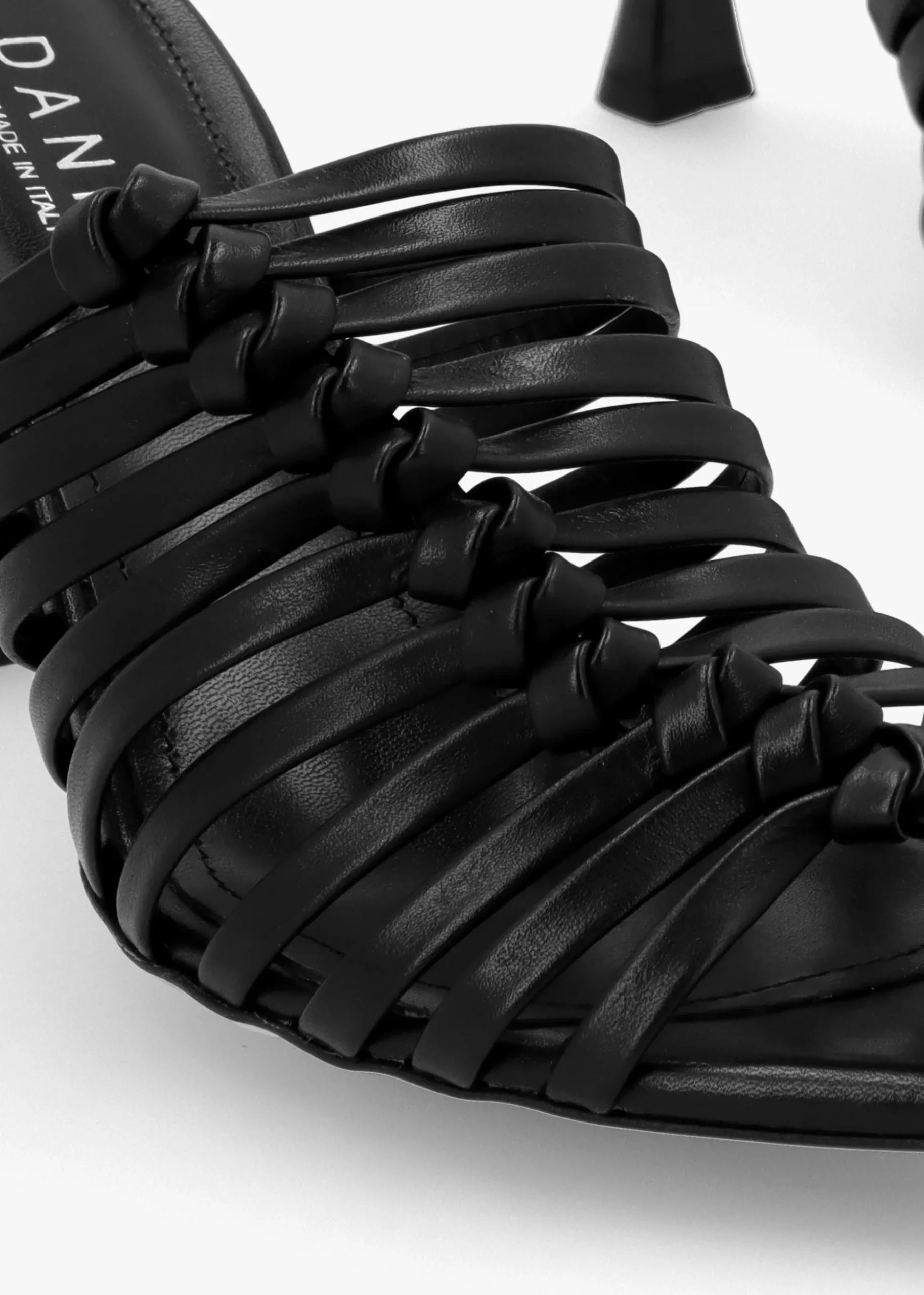 Notty Black Leather Knotted Strap Heeled Mules