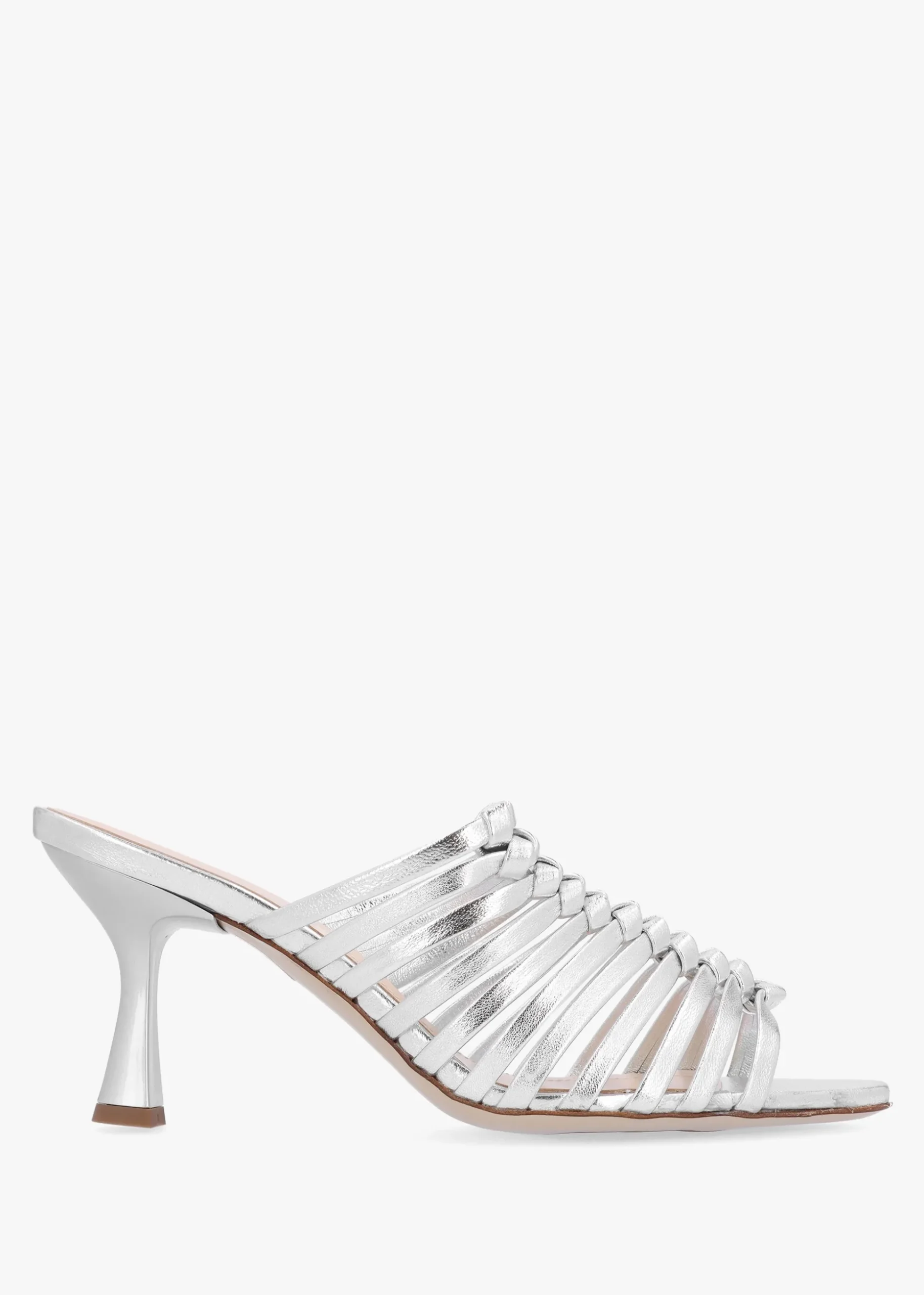 Notty Silver Leather Knotted Strap Heeled Mules