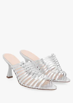 Notty Silver Leather Knotted Strap Heeled Mules