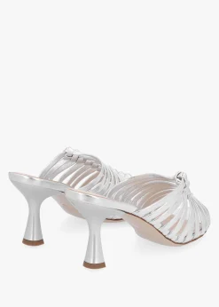 Notty Silver Leather Knotted Strap Heeled Mules