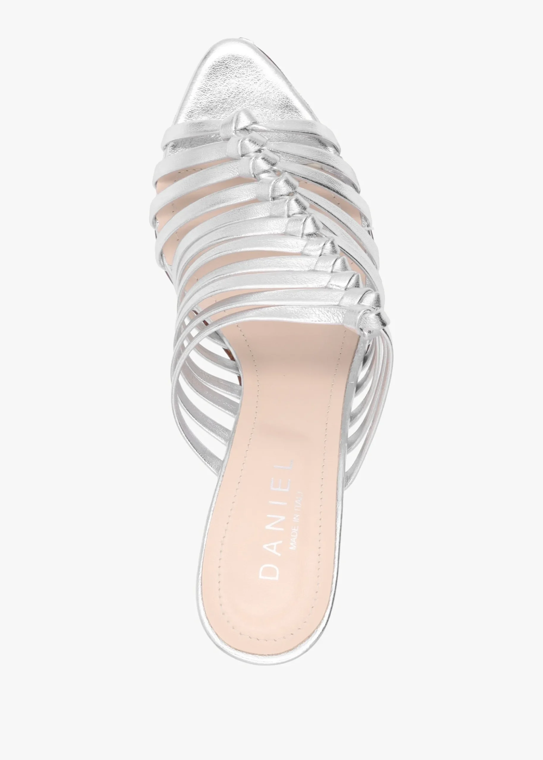 Notty Silver Leather Knotted Strap Heeled Mules