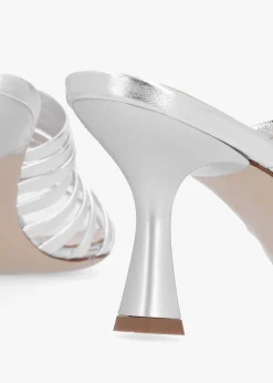 Notty Silver Leather Knotted Strap Heeled Mules