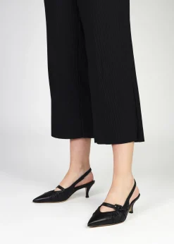 Nouche Black Leather Rouched Kitten Heel Sling Backs