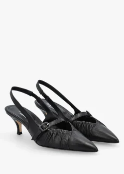 Nouche Black Leather Rouched Kitten Heel Sling Backs