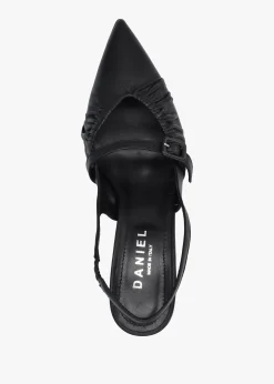 Nouche Black Leather Rouched Kitten Heel Sling Backs