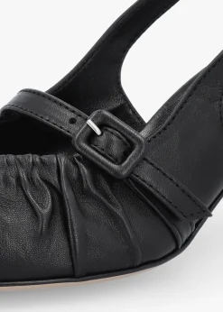 Nouche Black Leather Rouched Kitten Heel Sling Backs