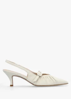 Nouche Cream Leather Rouched Kitten Heel Sling Backs