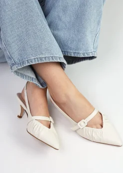 Nouche Cream Leather Rouched Kitten Heel Sling Backs