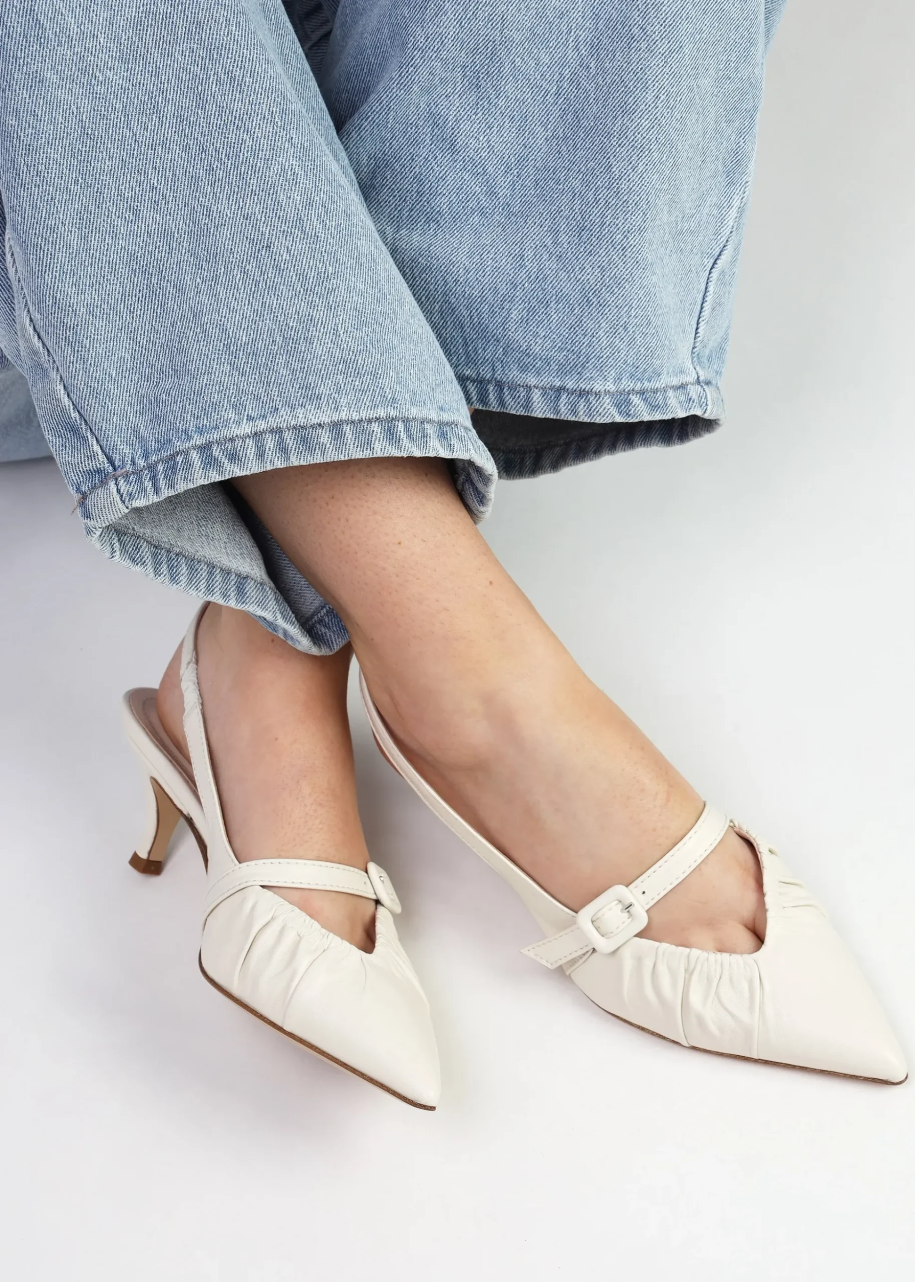 Nouche Cream Leather Rouched Kitten Heel Sling Backs