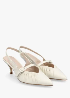 Nouche Cream Leather Rouched Kitten Heel Sling Backs