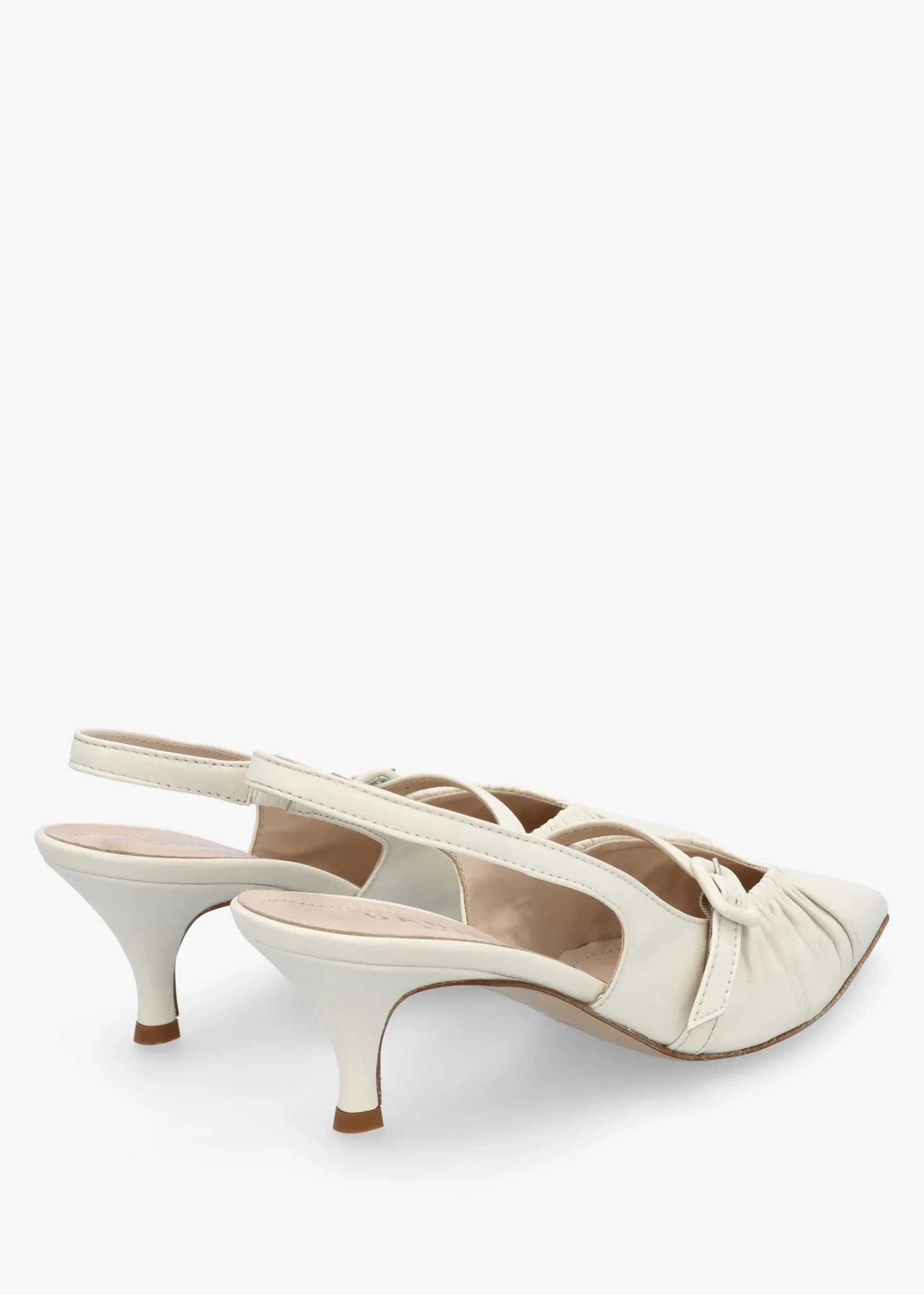 Nouche Cream Leather Rouched Kitten Heel Sling Backs