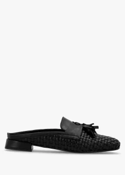 Nova Black Leather Woven Backless Mules