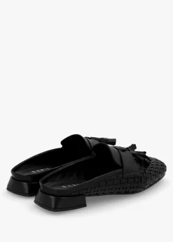 Nova Black Leather Woven Backless Mules