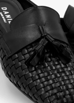 Nova Black Leather Woven Backless Mules