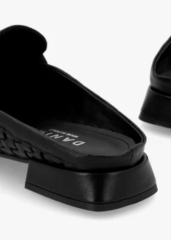 Nova Black Leather Woven Backless Mules
