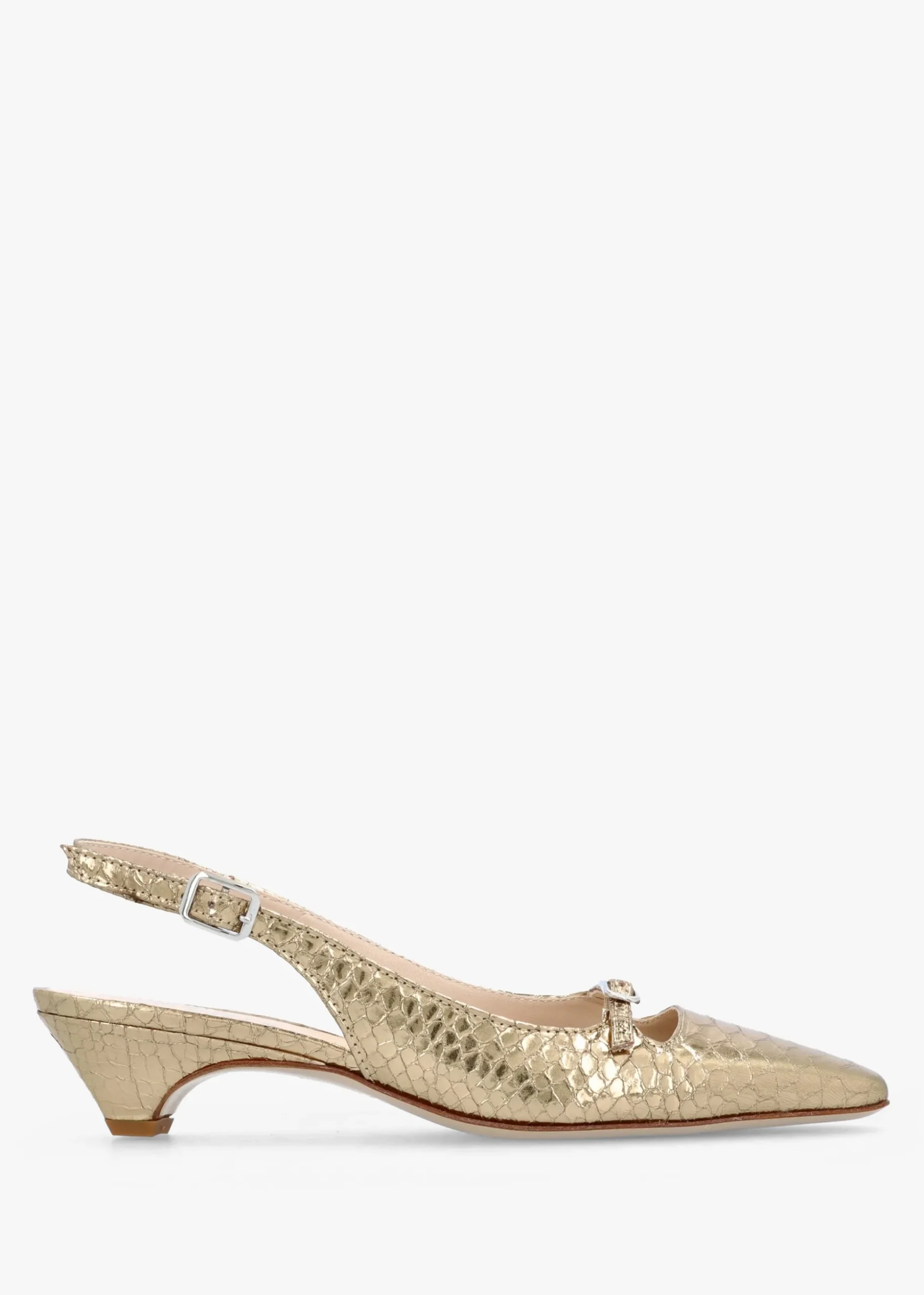 Nux Gold Leather Reptile Low Heel Court Shoes