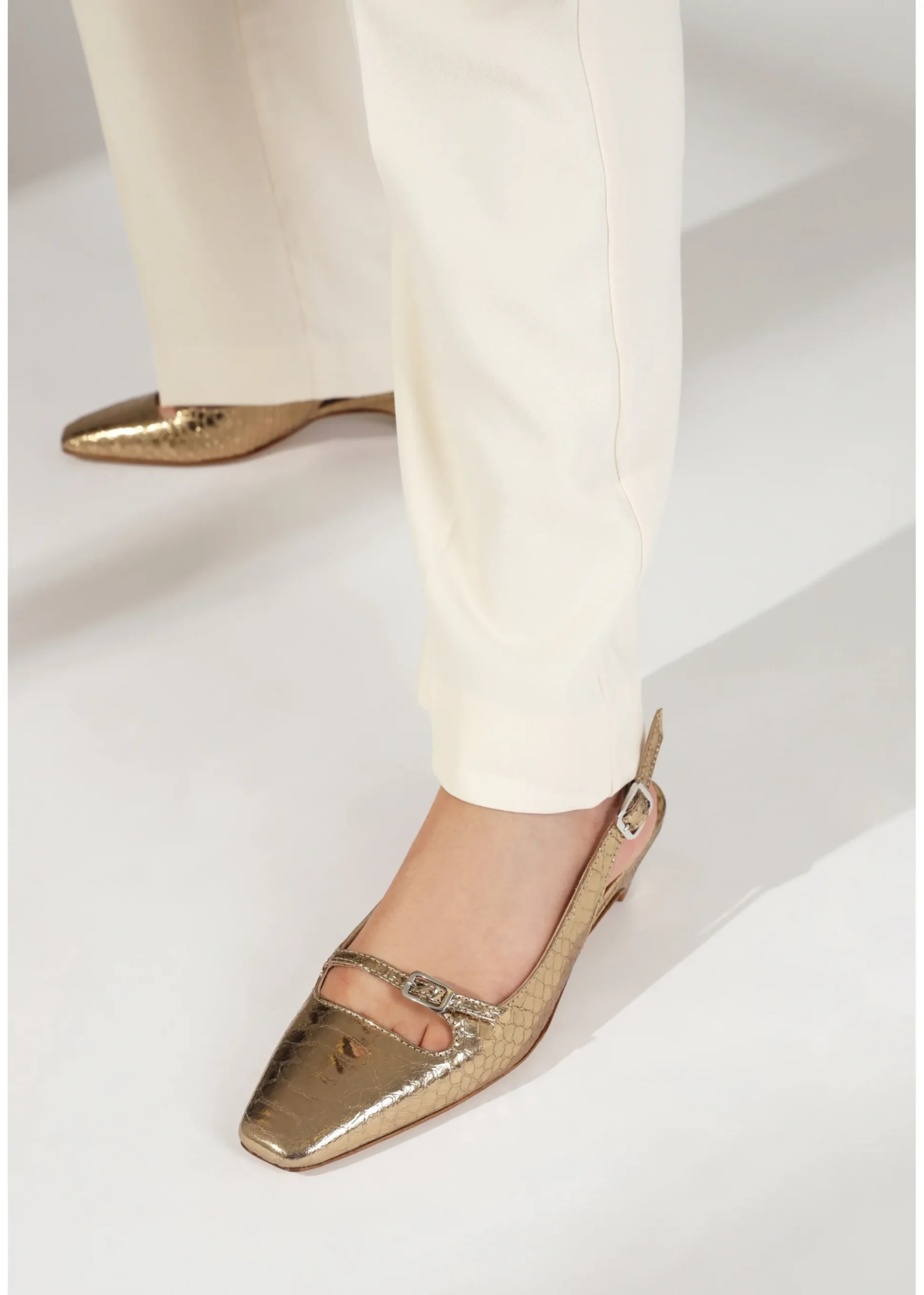 Nux Gold Leather Reptile Low Heel Court Shoes