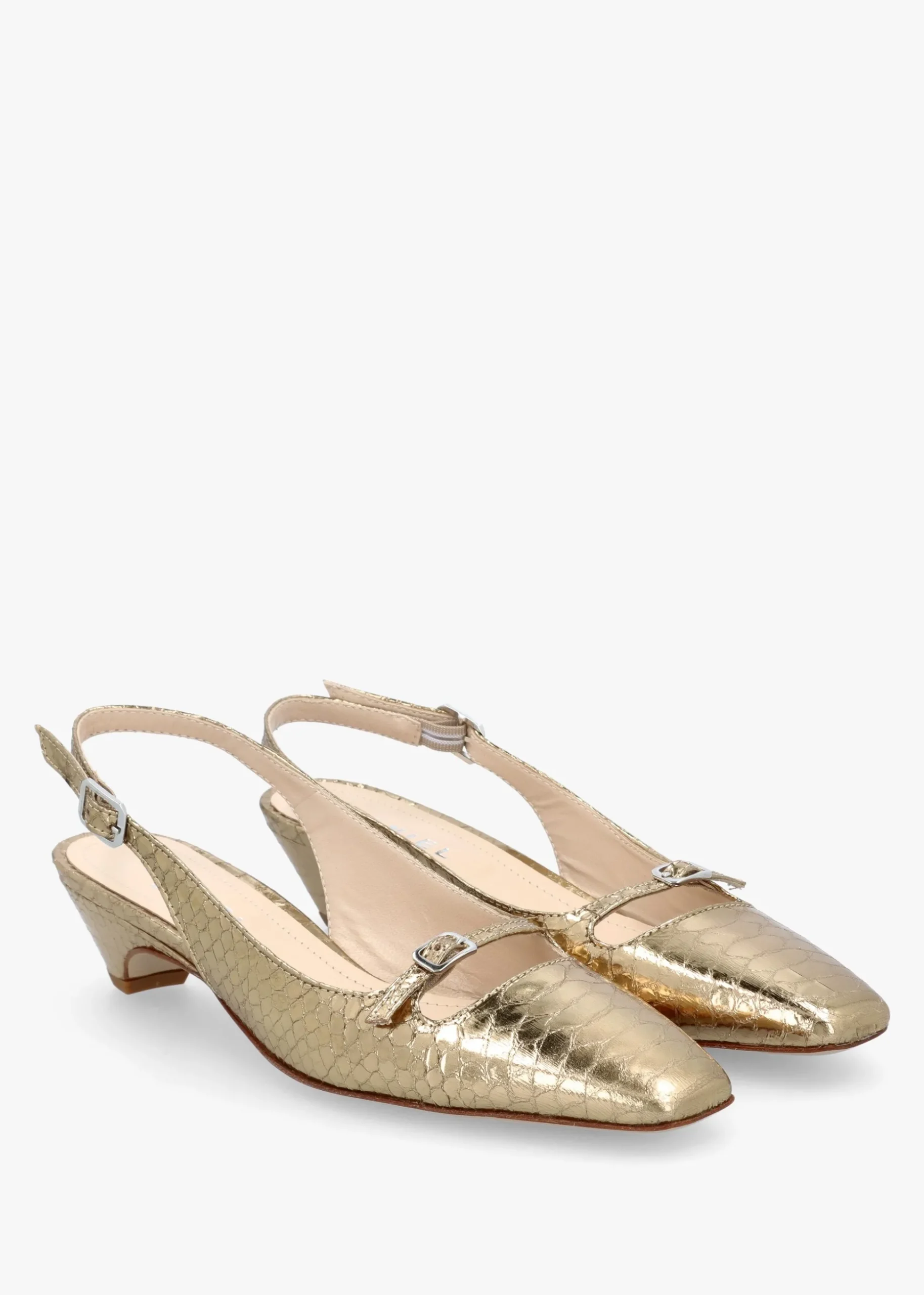 Nux Gold Leather Reptile Low Heel Court Shoes