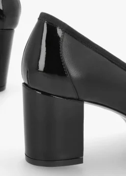 Paige Black Leather Block Heel Court Shoes