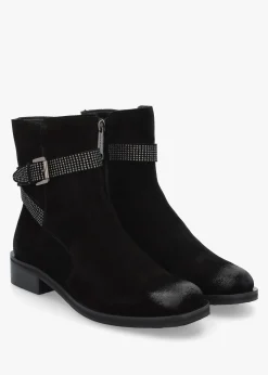 Panazol Black Suede Studded Strap Ankle Boots