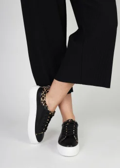 Panny Black Leather Leopard Trainers