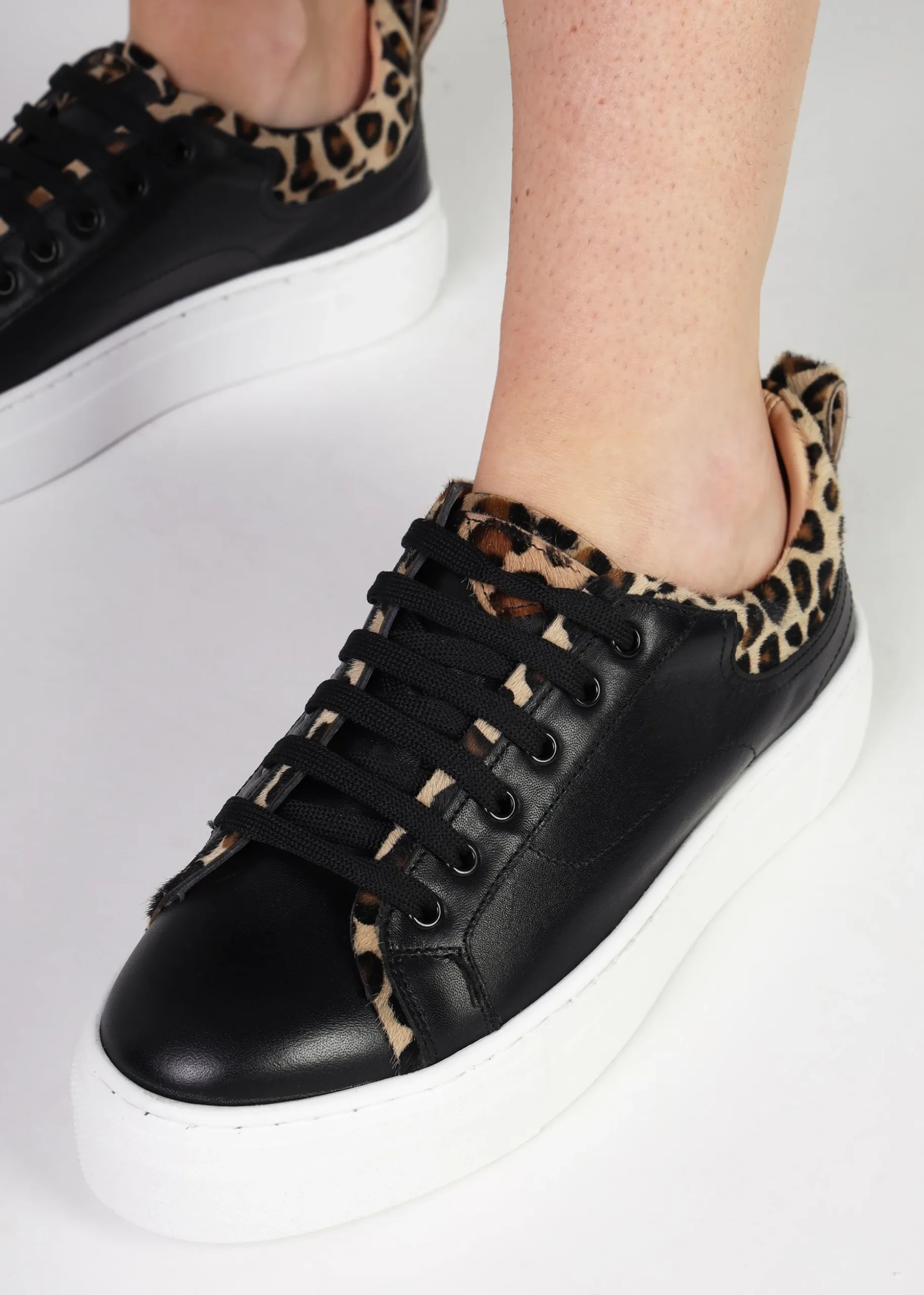 Panny Black Leather Leopard Trainers