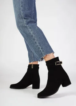 Pearl Black Suede Block Heel Ankle Boots