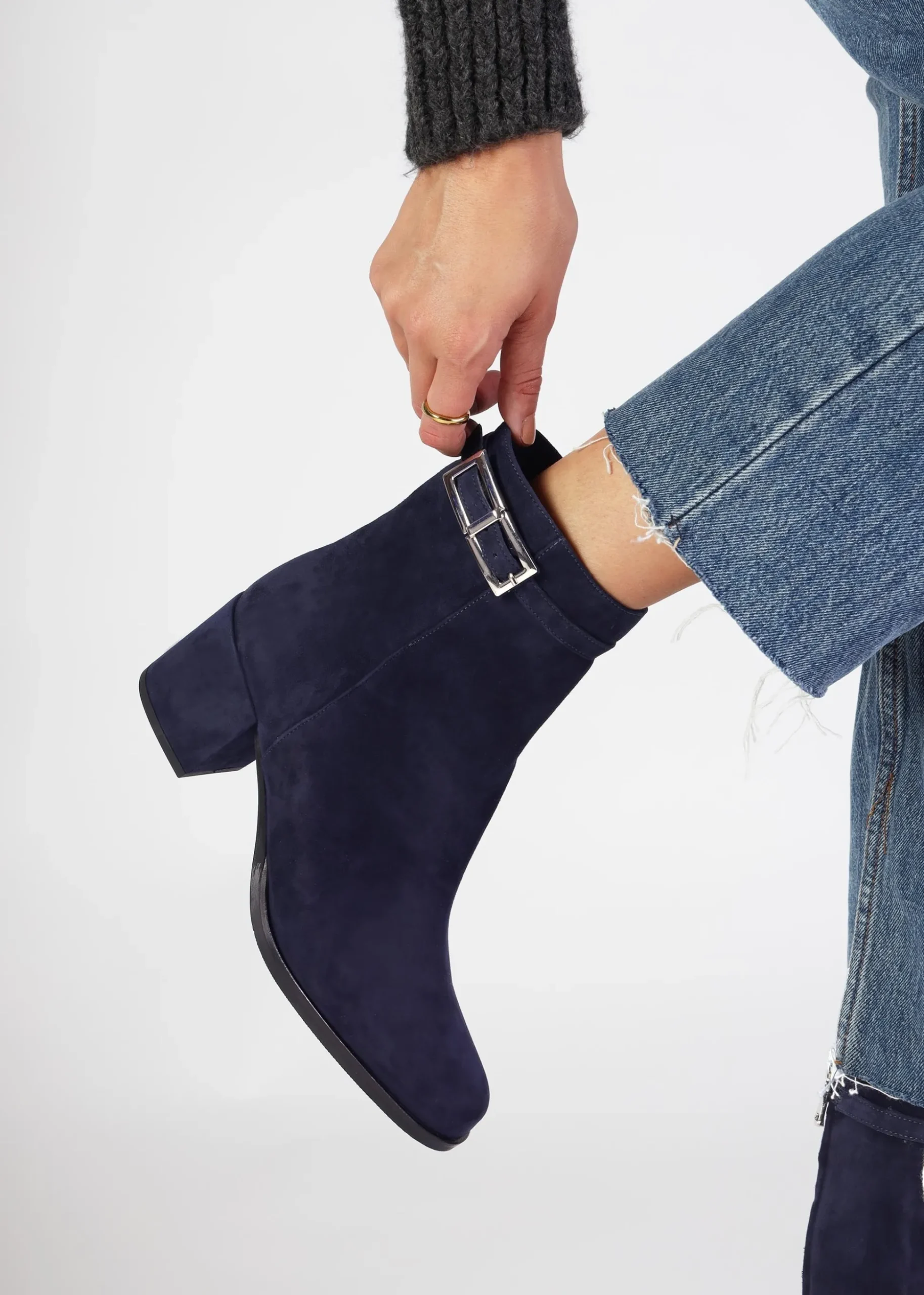 Pearl Navy Suede Block Heel Ankle Boots
