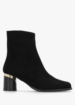 Penelope Black Suede Gold Trim Heeled Ankle Boots