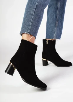 Penelope Black Suede Gold Trim Heeled Ankle Boots