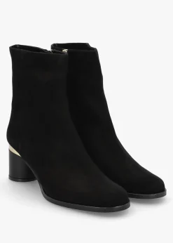 Penelope Black Suede Gold Trim Heeled Ankle Boots
