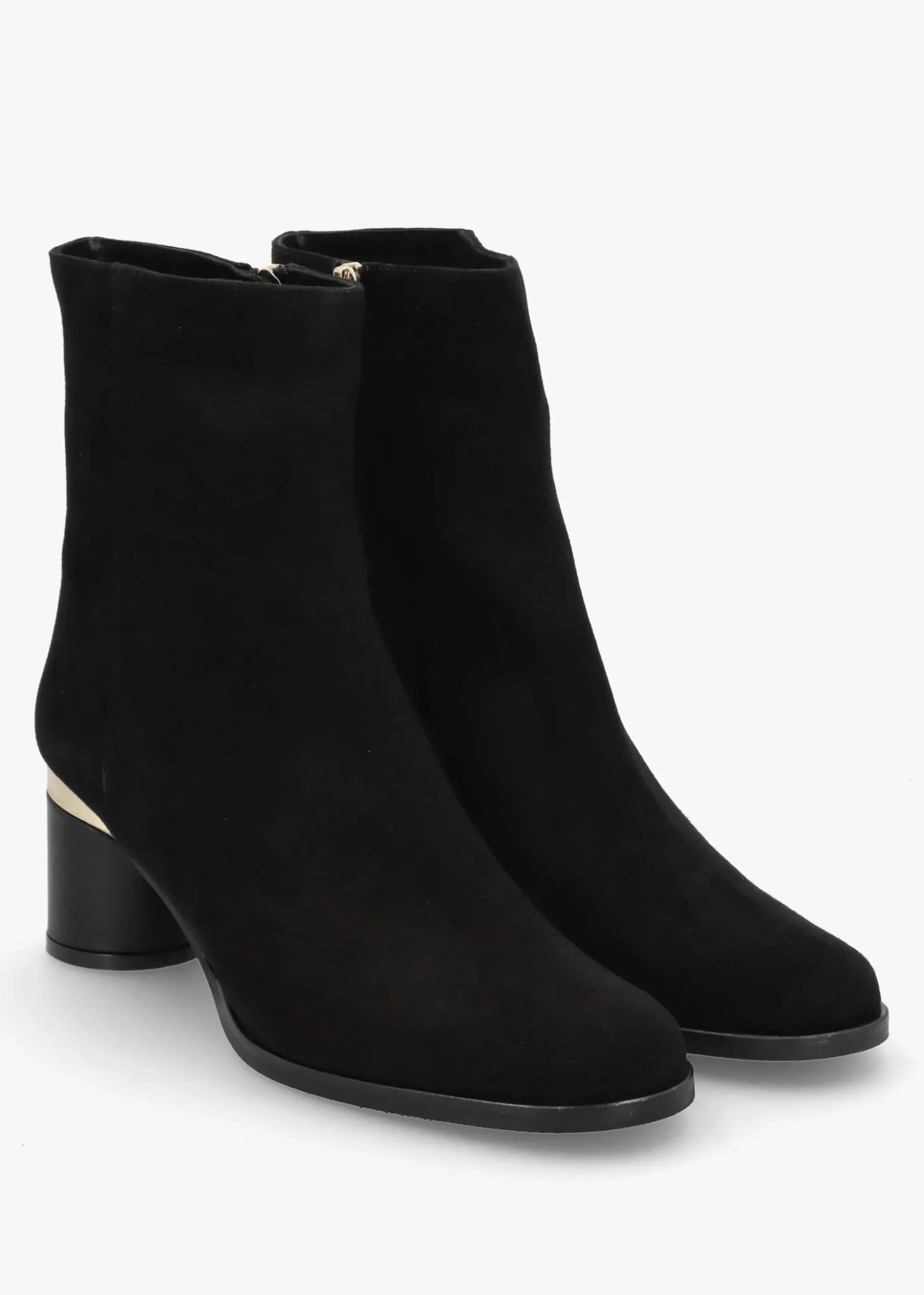 Penelope Black Suede Gold Trim Heeled Ankle Boots