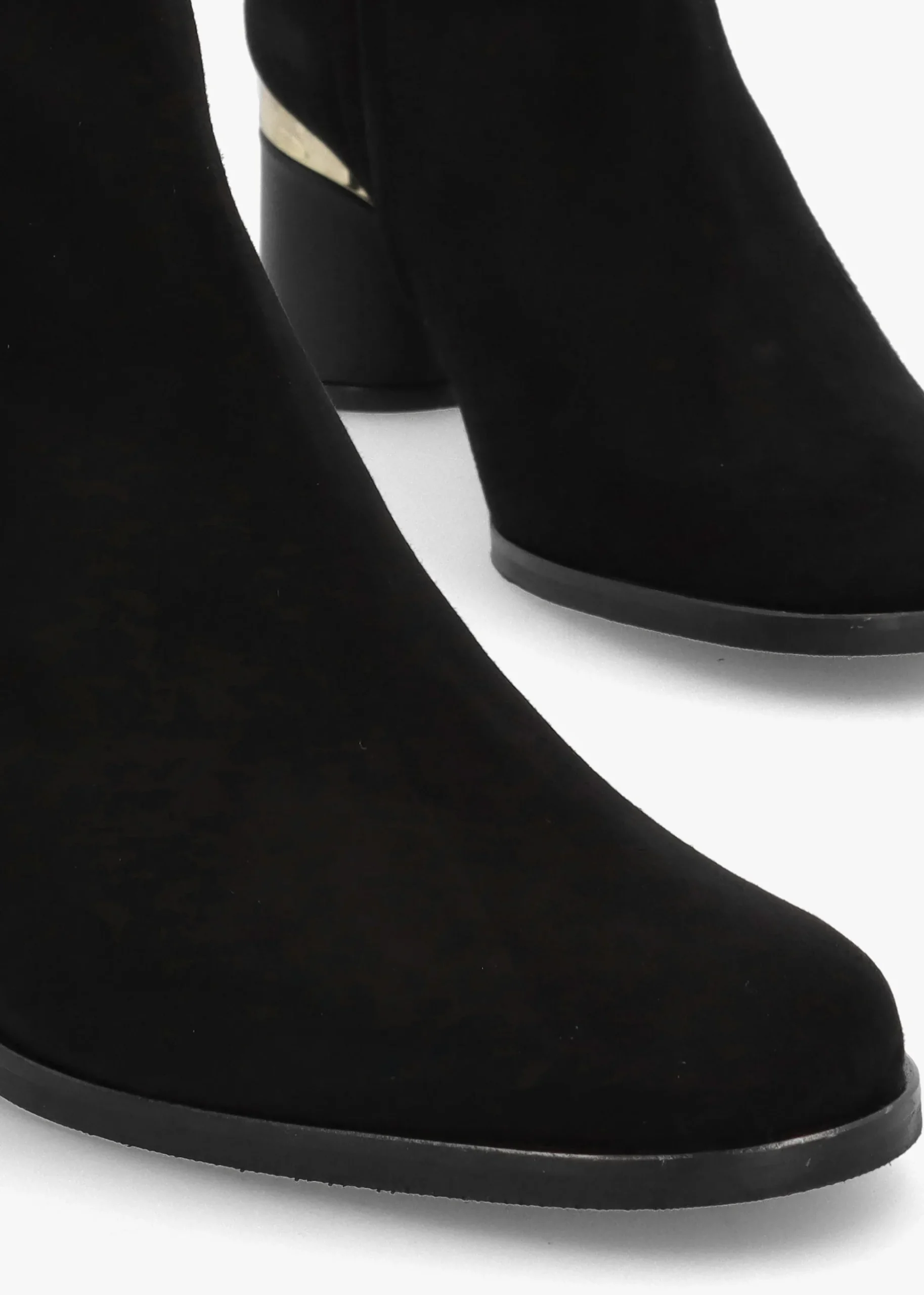 Penelope Black Suede Gold Trim Heeled Ankle Boots