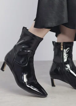 Petuniah Black Patent Leather Kitten Heel Ankle Boots
