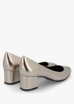 Pewter Leather Pointed Toe Block Heel Court Shoes
