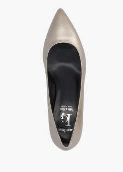 Pewter Leather Pointed Toe Block Heel Court Shoes