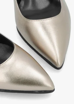 Pewter Leather Pointed Toe Block Heel Court Shoes