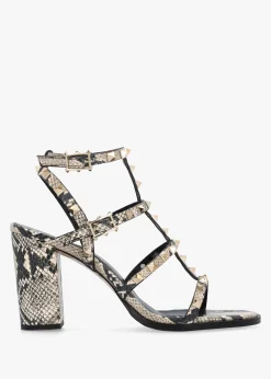 Pitter Beige Reptile Leather Studded Block Heeled Sandals