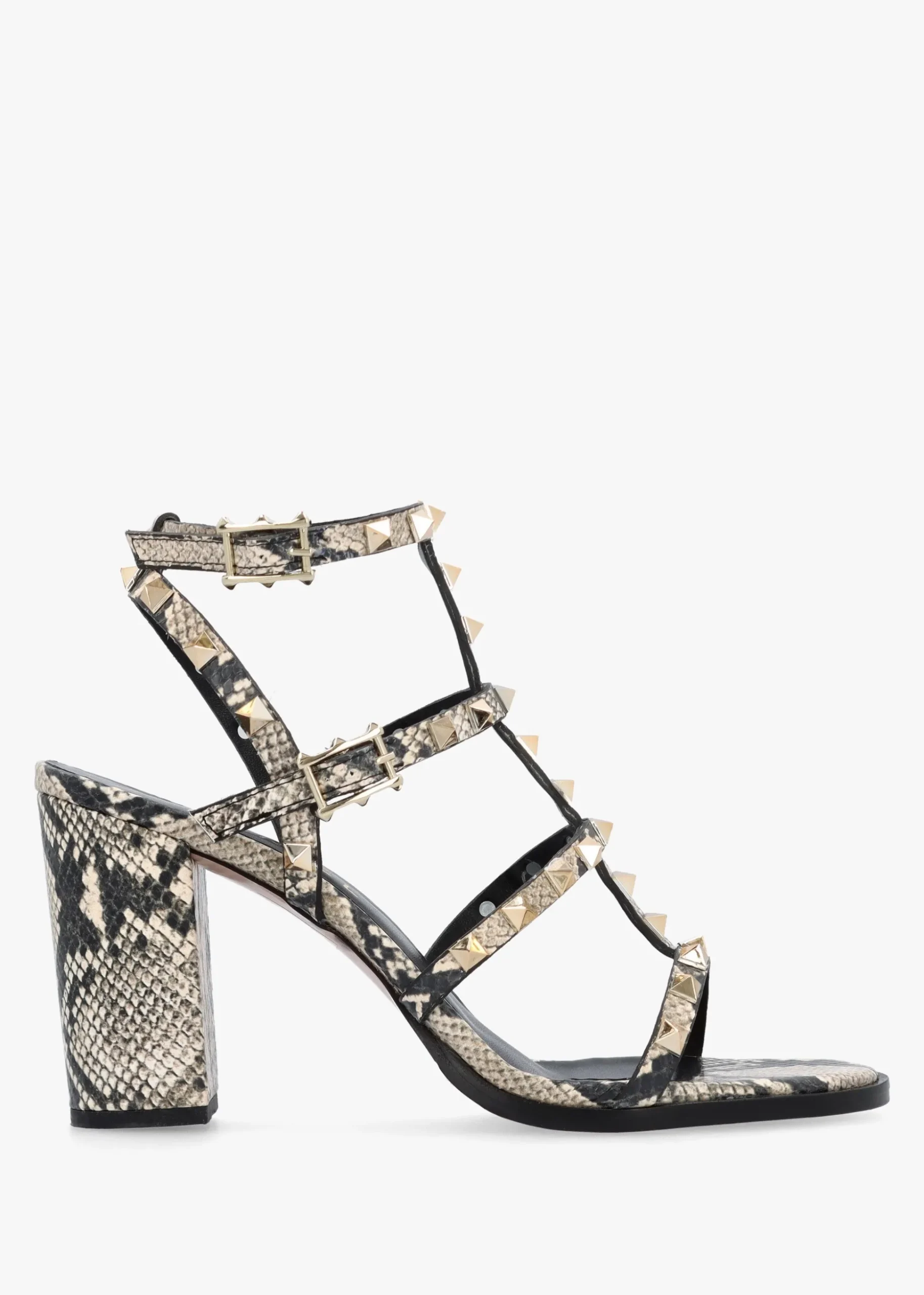 Pitter Beige Reptile Leather Studded Block Heeled Sandals