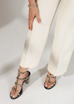 Pitter Beige Reptile Leather Studded Block Heeled Sandals