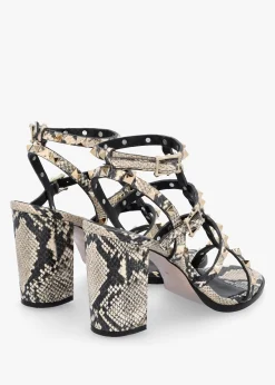 Pitter Beige Reptile Leather Studded Block Heeled Sandals