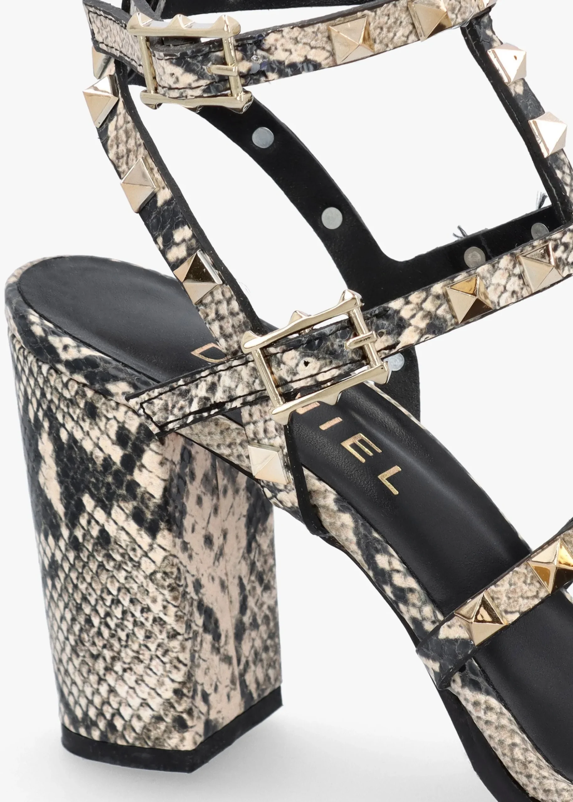 Pitter Beige Reptile Leather Studded Block Heeled Sandals